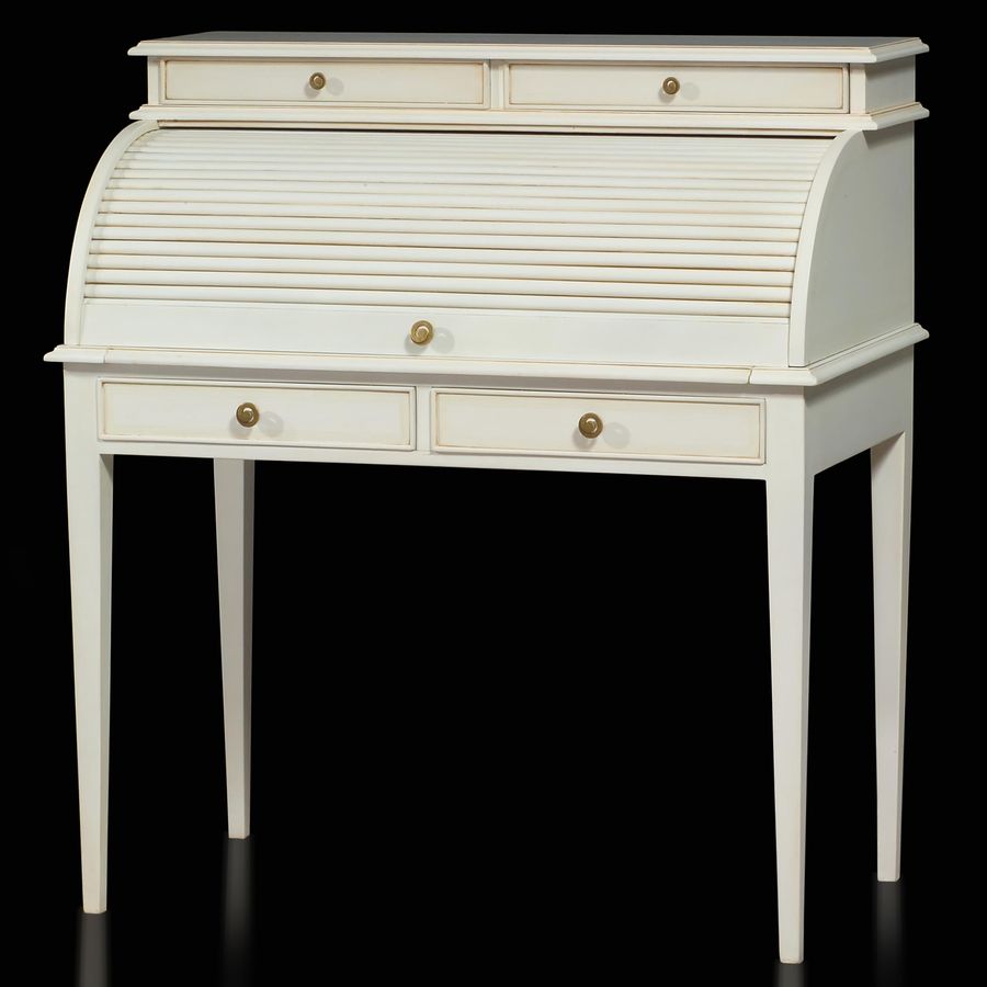 Large desk 2 drawers at the top leaf apron, antique white painted full view.