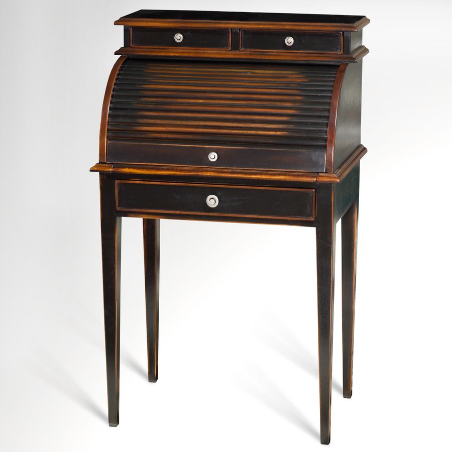 The compartments at the desk top is shown when the wooden slats roll slides open. The top leaf pulled to extend the desktop.