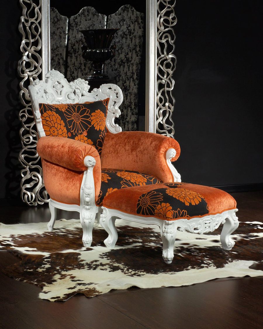 Baroque armchair and stool  white painted finish orange fabric