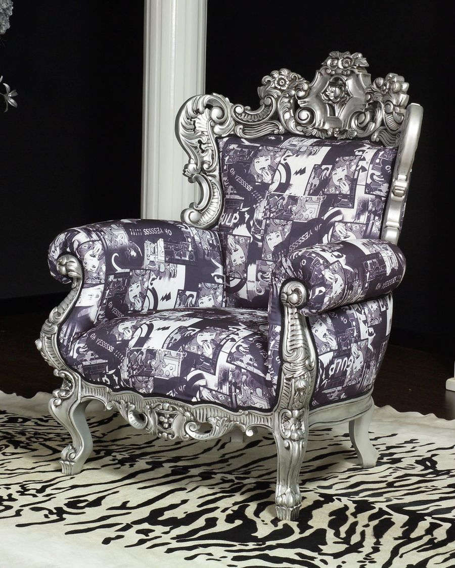 Baroque armchair silver painted finish custom fabric