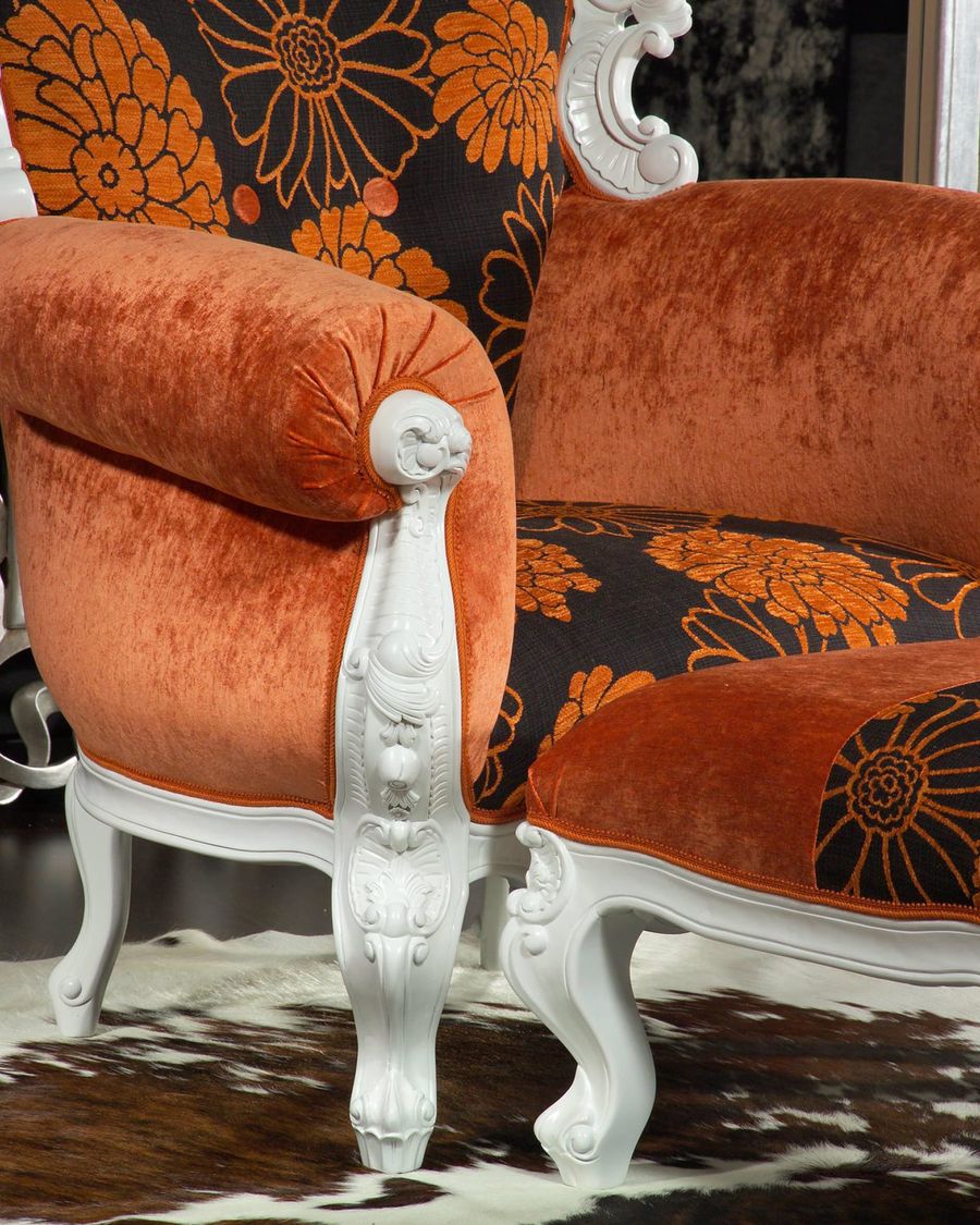 Baroque armchair and stool  white paint finish detail