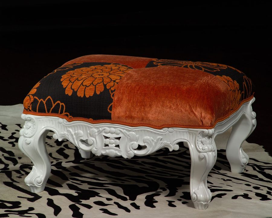 Baroque stool white painted finish orange fabric