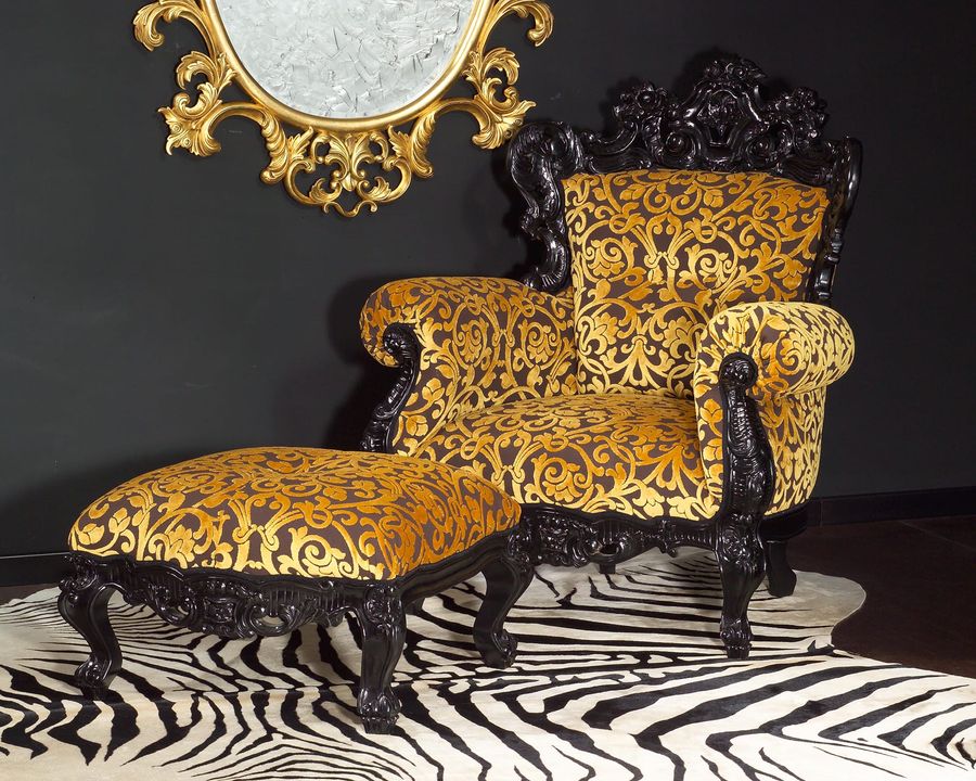 Baroque armchair and stool black painted finish mahogany frame