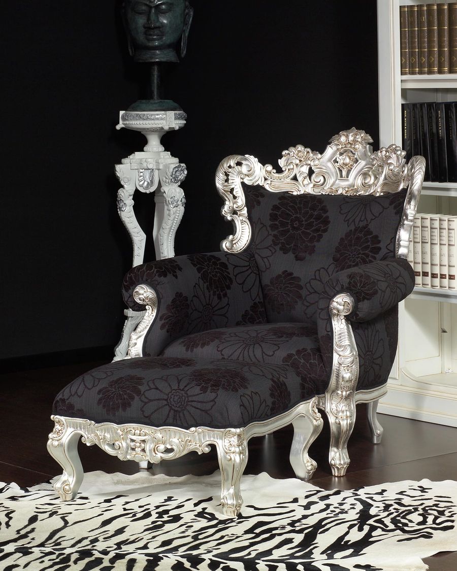 Baroque armchair and stool black fabric silver painted finish