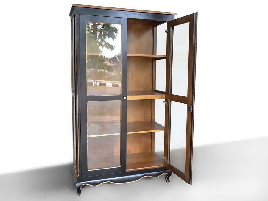 Opened doors, inner wooden shelves obviously shown