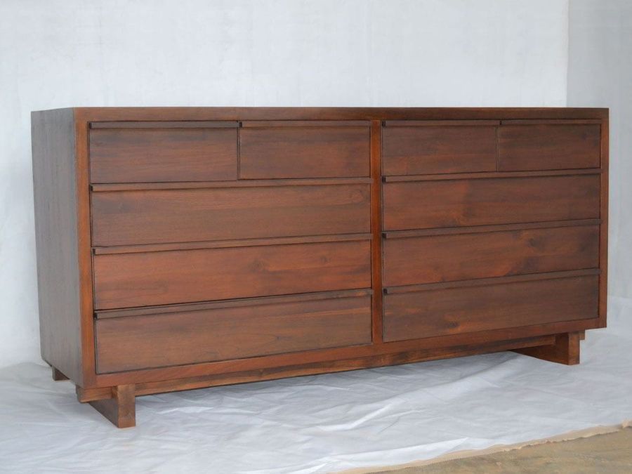 Reclaimed wood dresser 10 drawers full view.