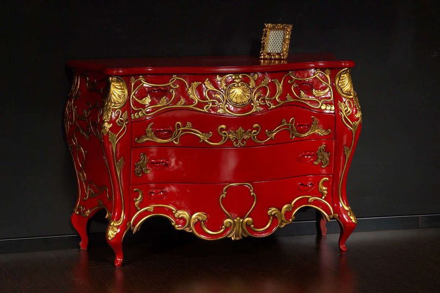 French Louis CV rococo dresser gold on red