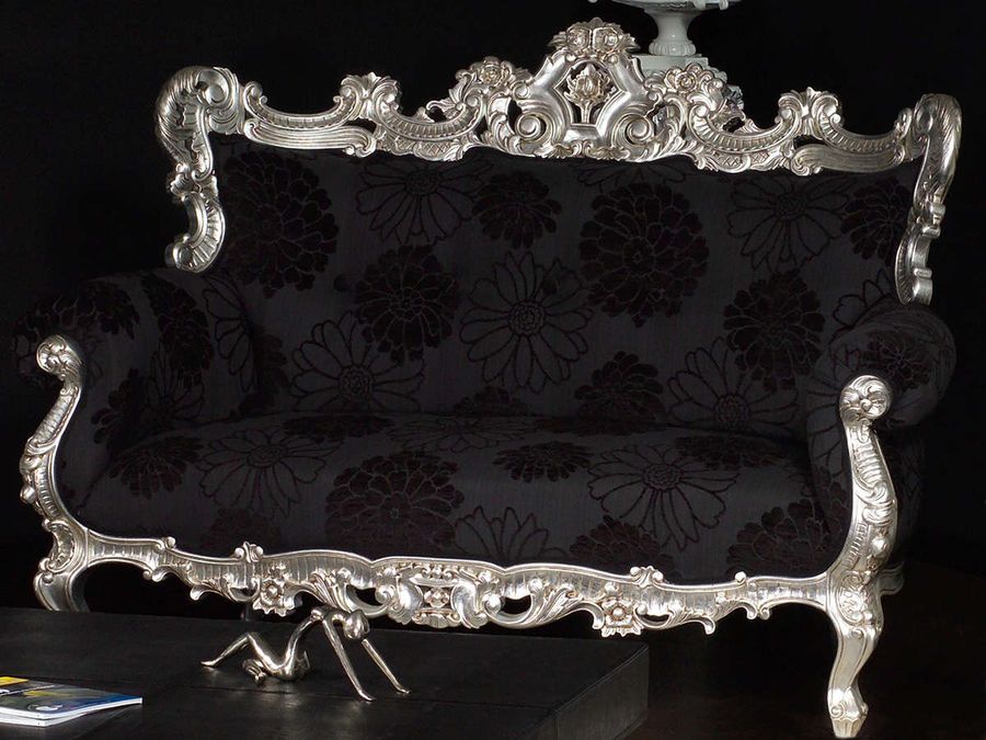 Baroque sofa silver painted finish black fabric