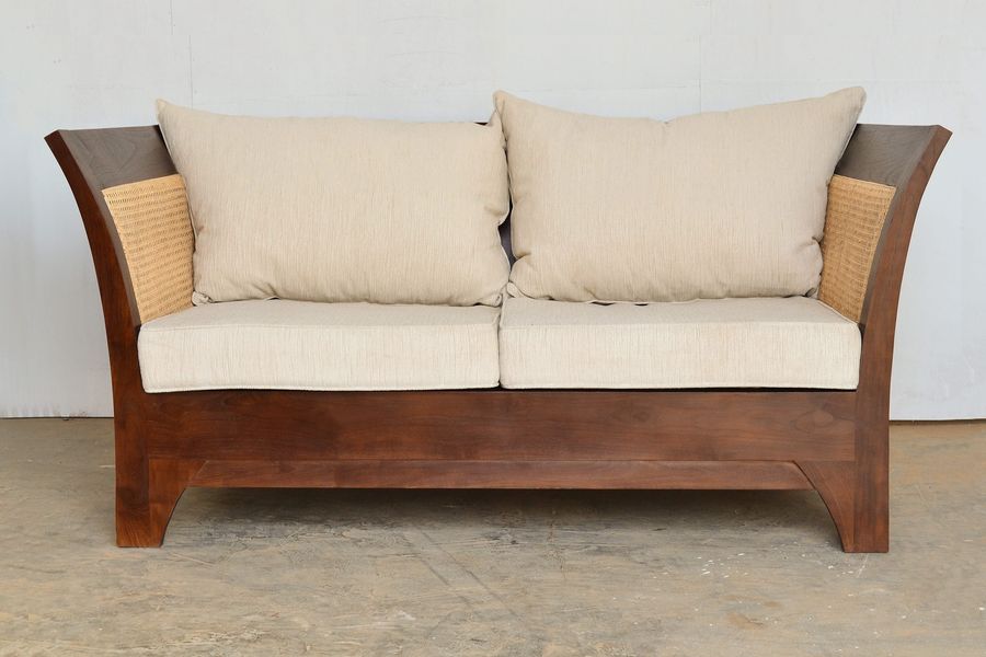 Front detail of St. Barclays teak rattan sofa