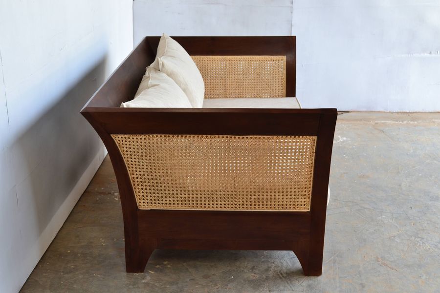 Rattan wicker pattern on the side of St. Barclays teak rattan sofa