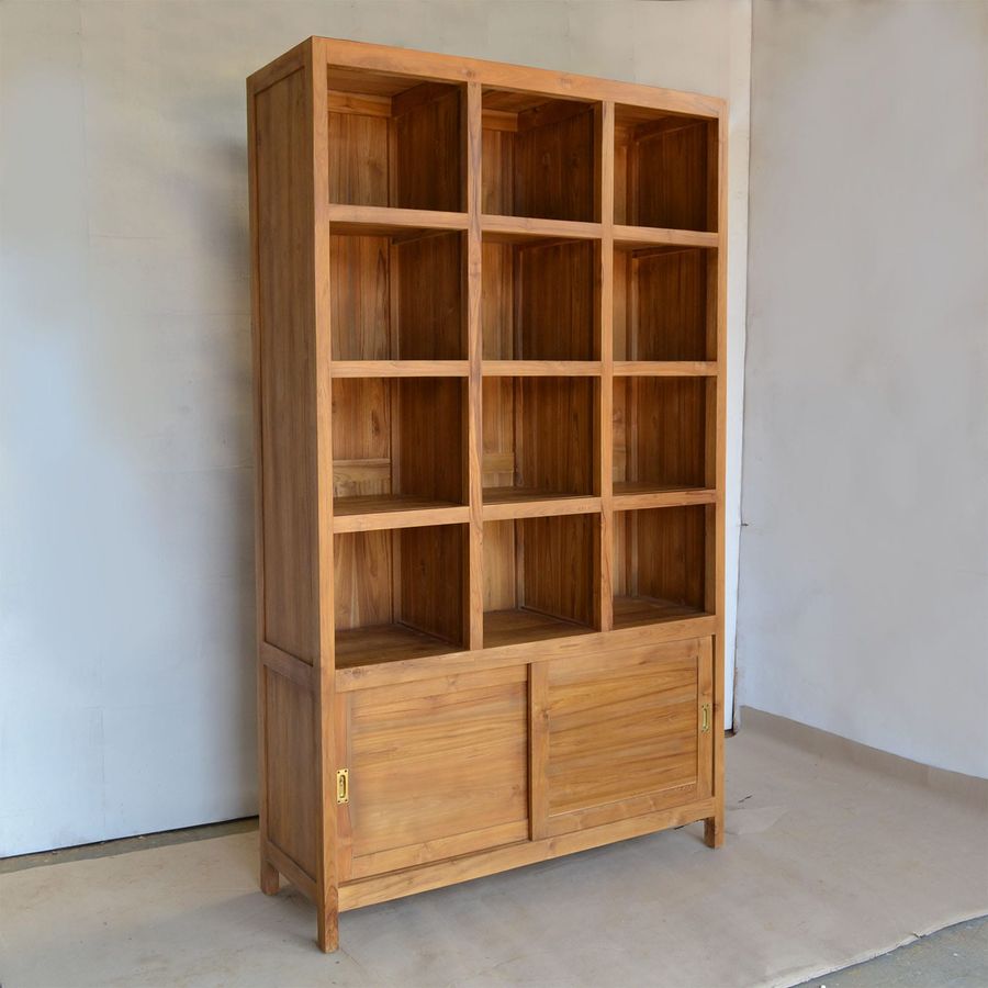 Teak bookshelf sliding doors full view