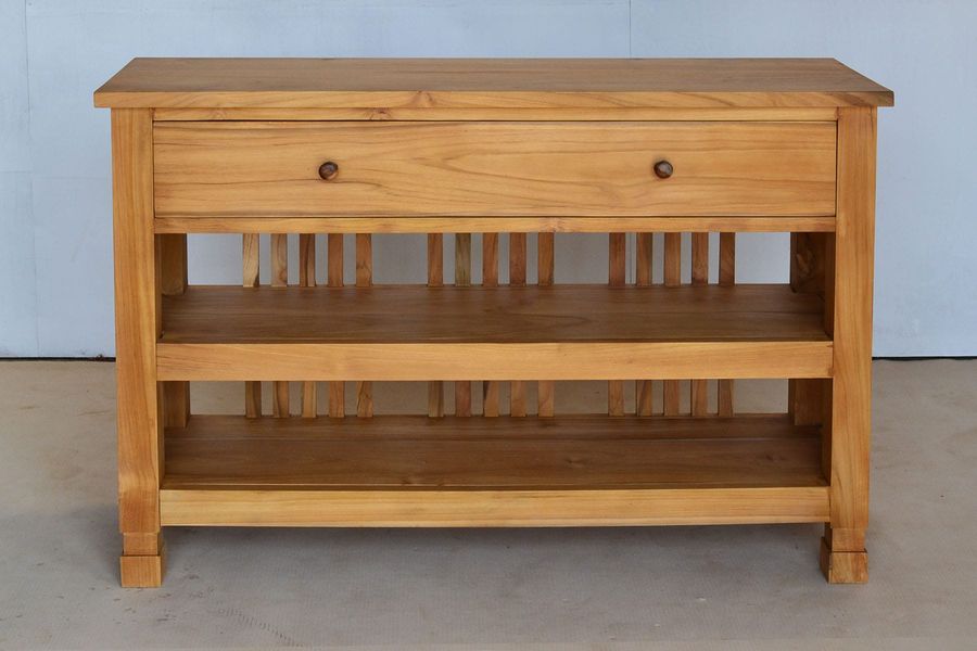 Teak wood console table wooden slats back front view