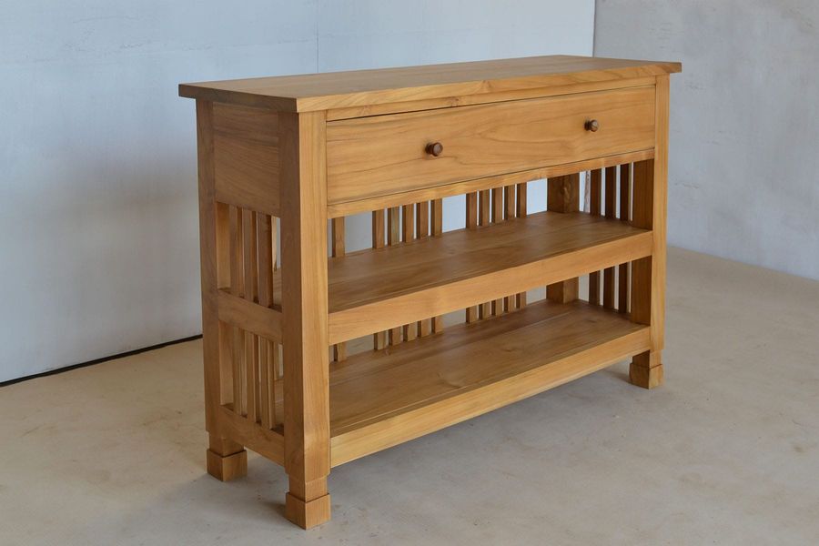 Teak wood console table 1 drawer front left full view