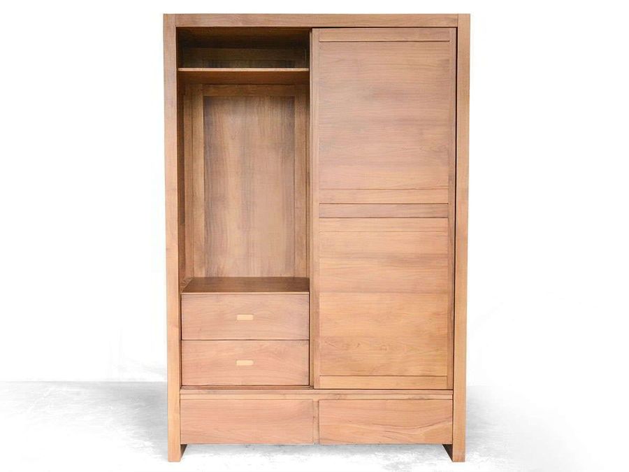 Sliding doors opened, a shelf and a wooden hanger shown