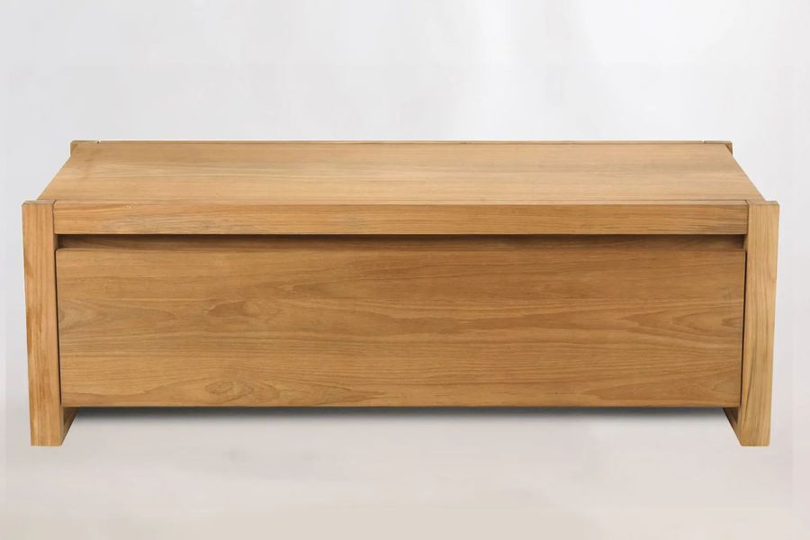 Bali teak bathroom storage bench front detail