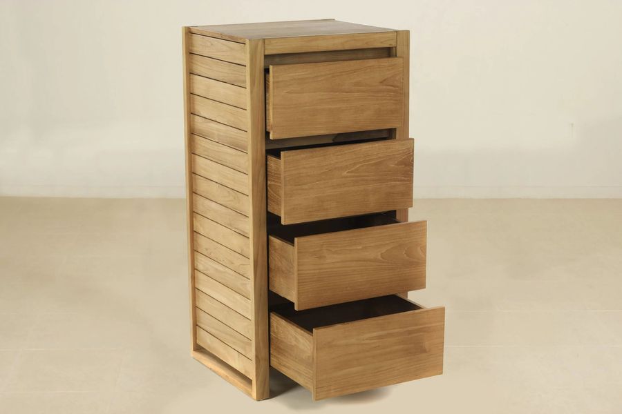 All four drawers of Bali teak bathroom commode pulled out