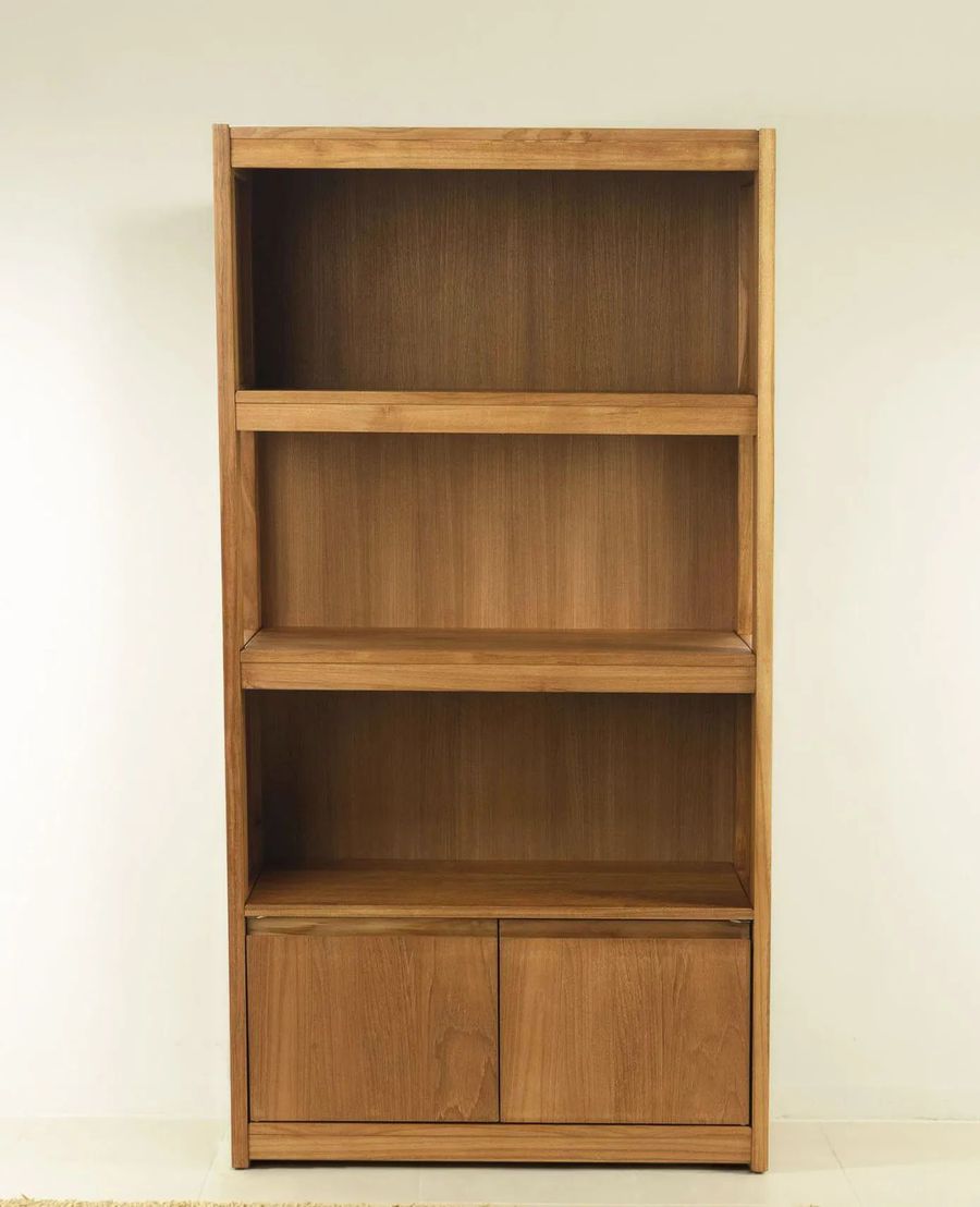 Front detail of Bali teak bathroom shelving unit
