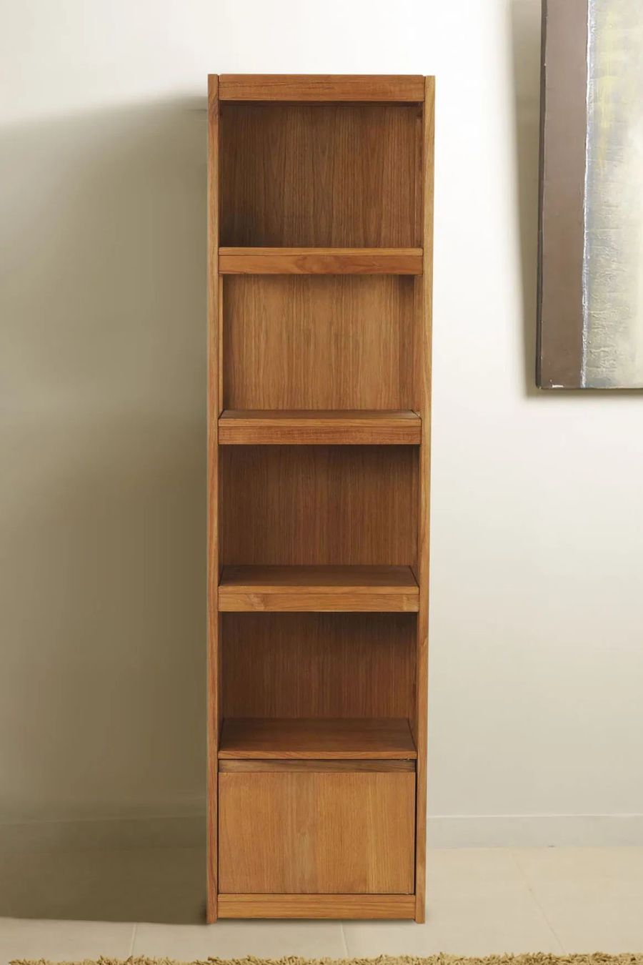 Bali teak bathroom slim shelving unit front view