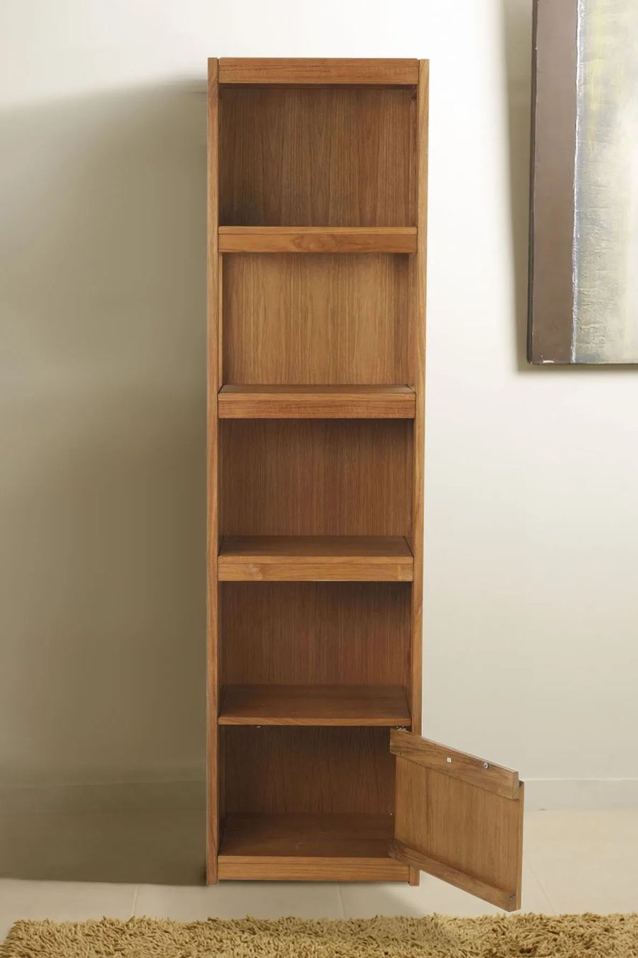 Compartments detail of Bali teak bathroom slim shelving unit