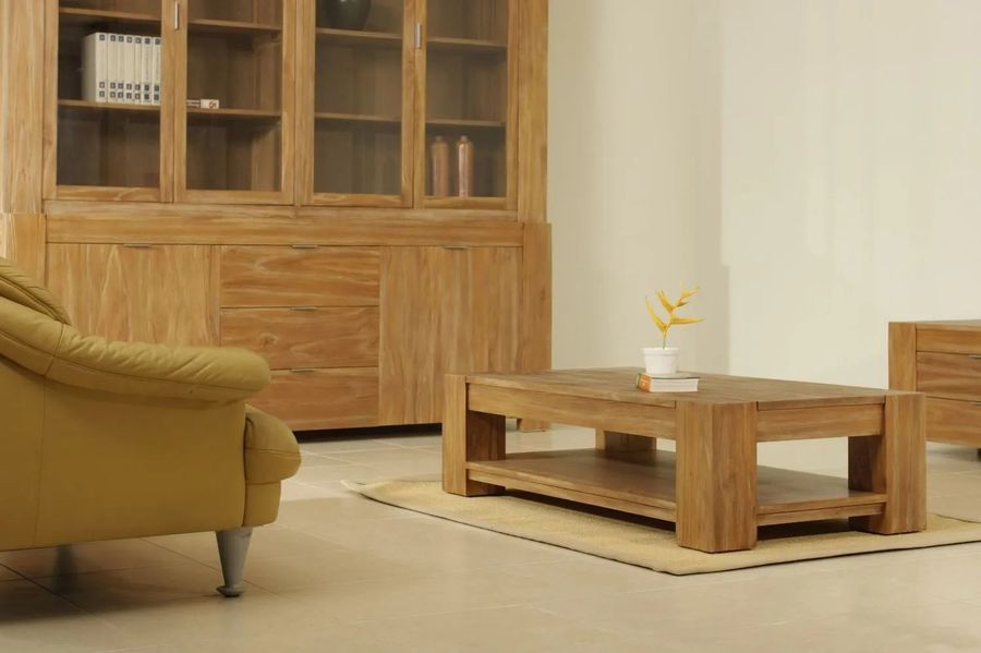 Plain solid wood sturdy legs coffee table coated with polyurethane with bookcase