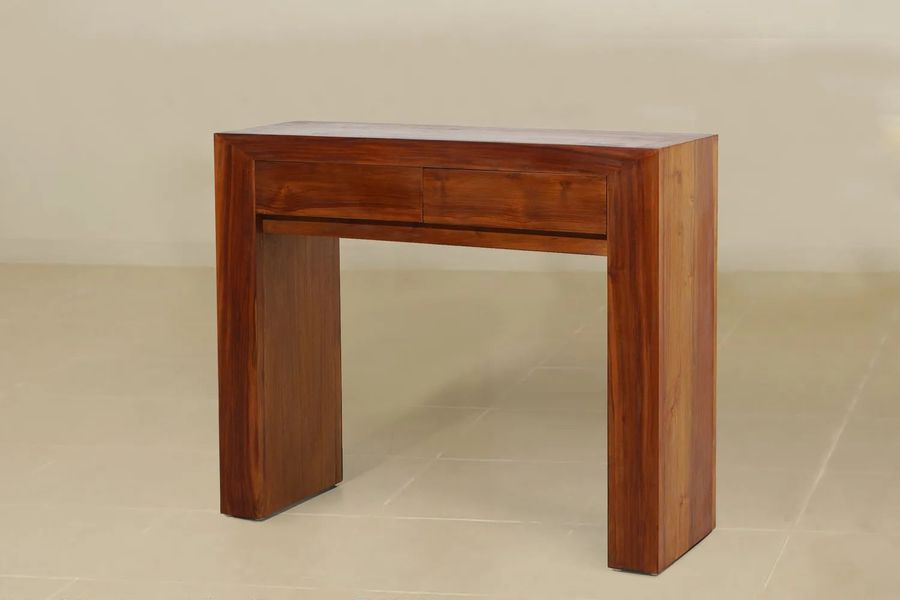 Plain console table 2 drawers teak wood brown wood stained