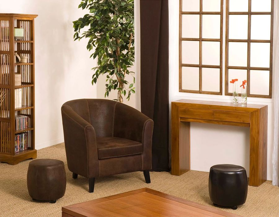 Plain console table 2 drawers teak wood set