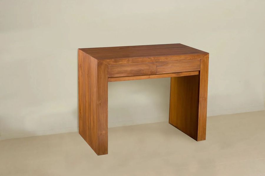 Plain console table 2 drawers teak wood light brown