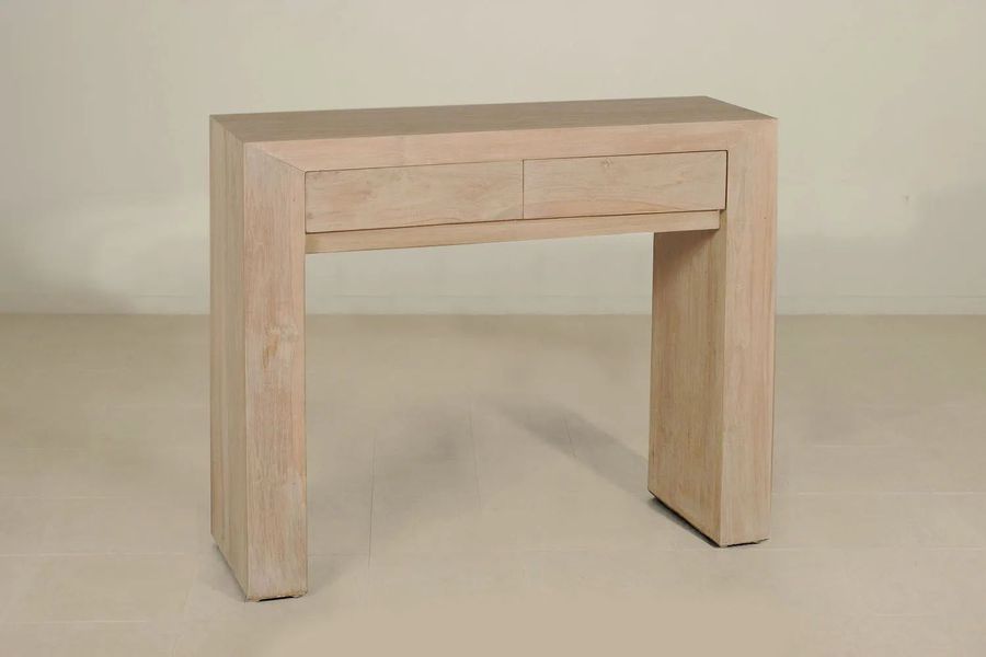 Plain console table 2 drawers teak wood white washed