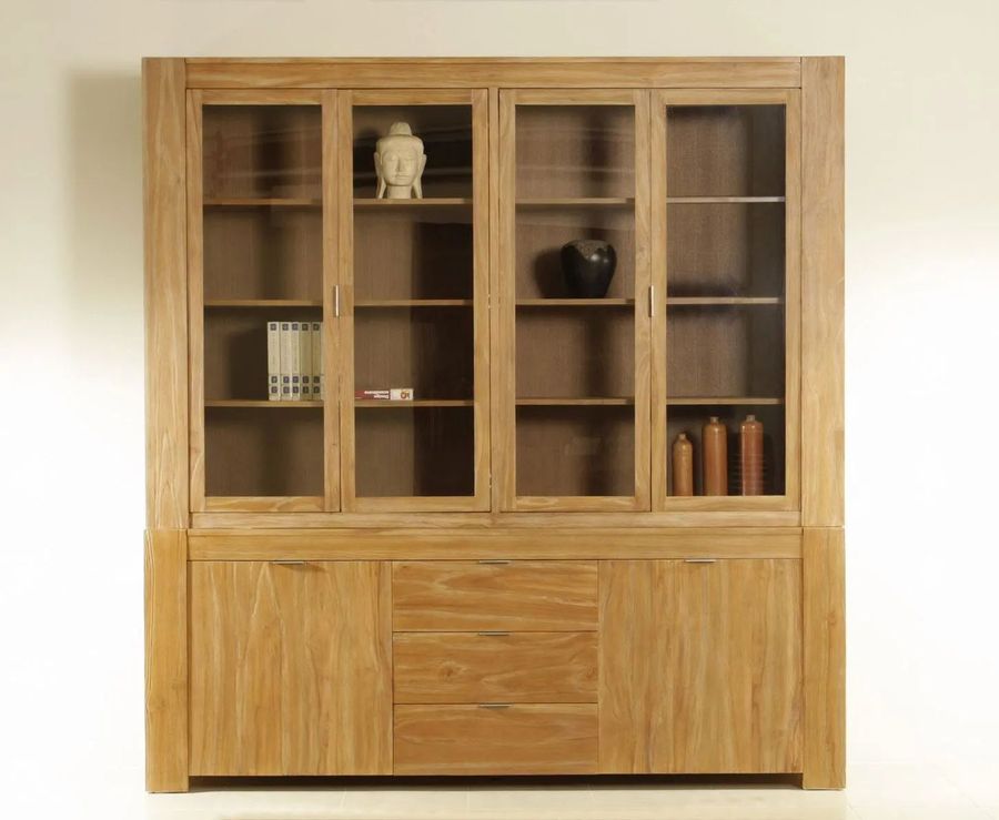 Basic vitrine 4 glass doors hutch 2 wood doors base front detail