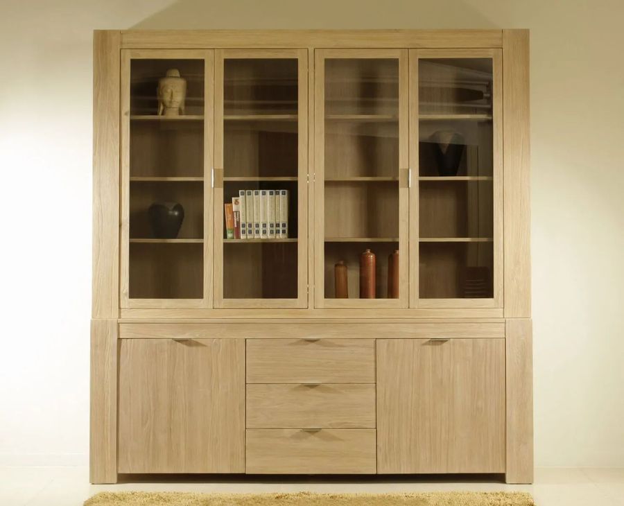 Basic vitrine 4 glass doors hutch 2 wood doors base whitewashed