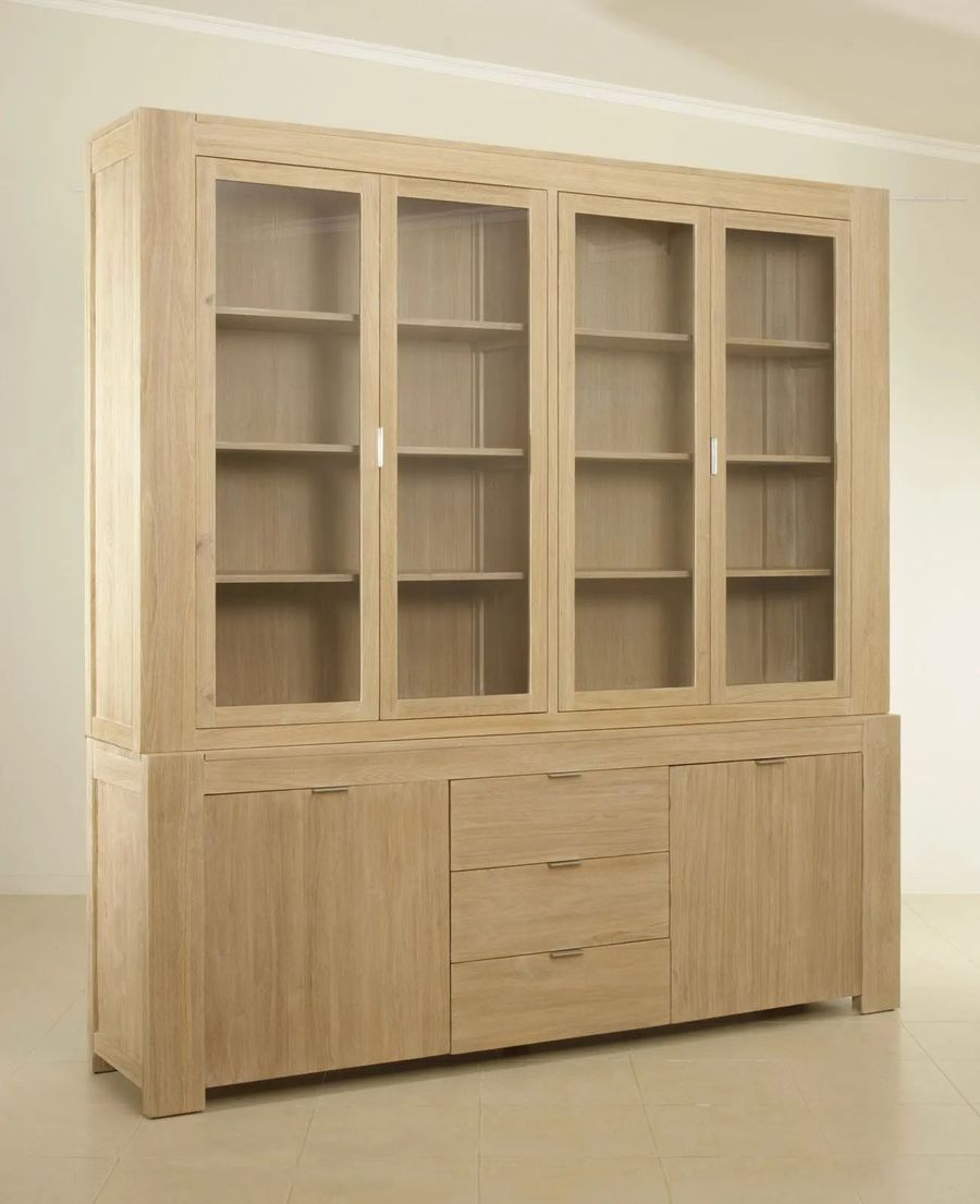 Basic vitrine 4 glass doors hutch 2 wood doors base whitwashed