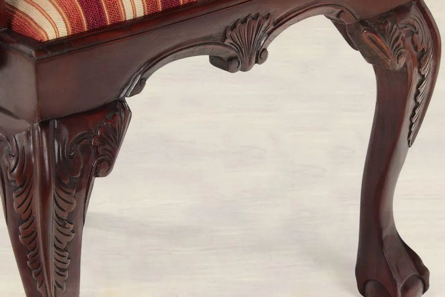 Acanthus leaf carving knee, ball and claws foot detailed view