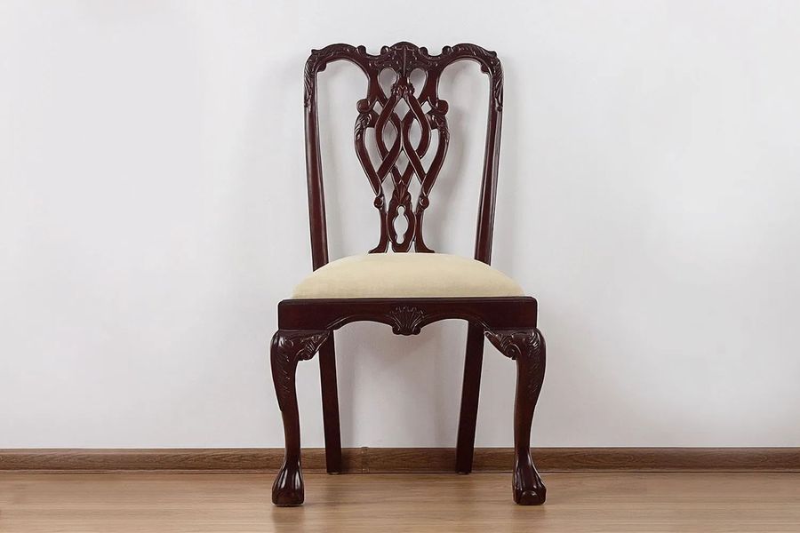 Chippendale ribbon backrest dining chair white fabric seat upholstery