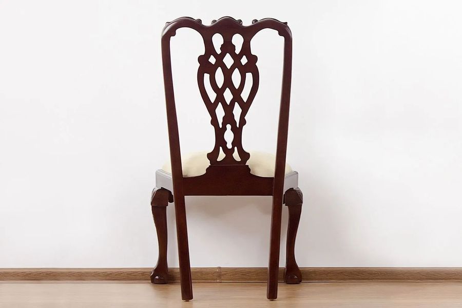 Back side detailed view of the Chippendale ribbon backrest dining chair