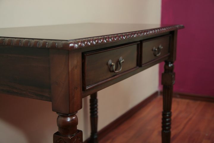 Colonial console table solid brass pull drawers