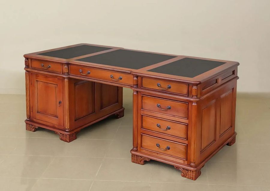 Empire period partner desk made of mahogany wood, leather inlaid desktop