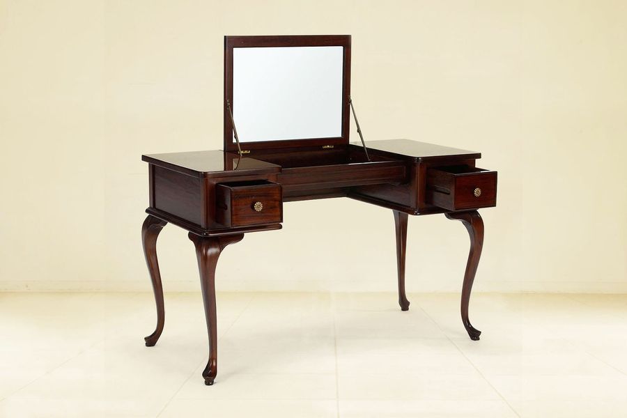Queen Anne flip up mirror dressing table 2 drawers pulled out