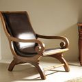 Regency lazy chair teak wood black leather upholstery