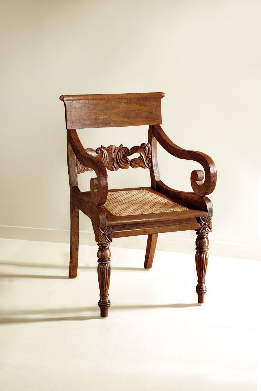 Regency carving arm chair teak frame rattan seat