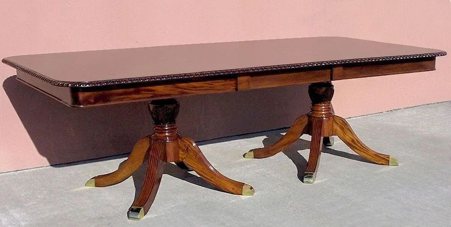 Regency dining table using single leaf on two pedestals