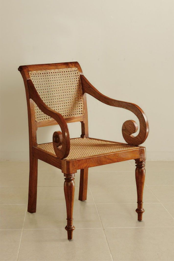 Teak wood and rattan regency scroll arm rests dining chair