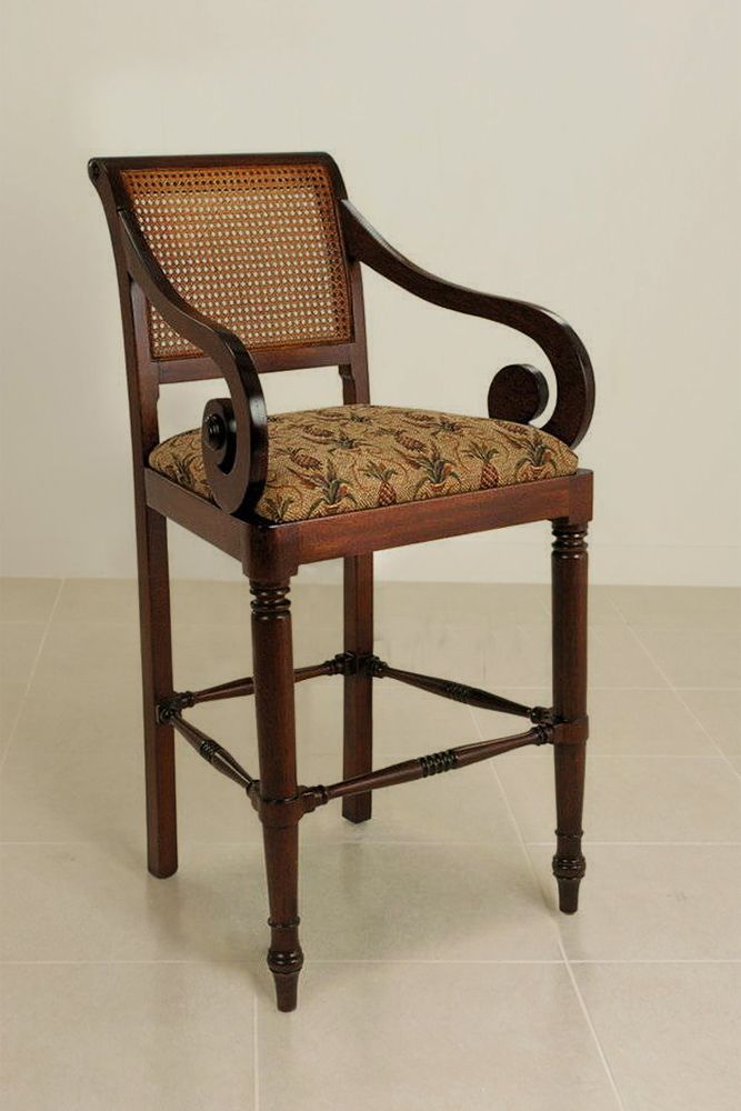 Regency teak bar chair upholstered seat rattan backrest