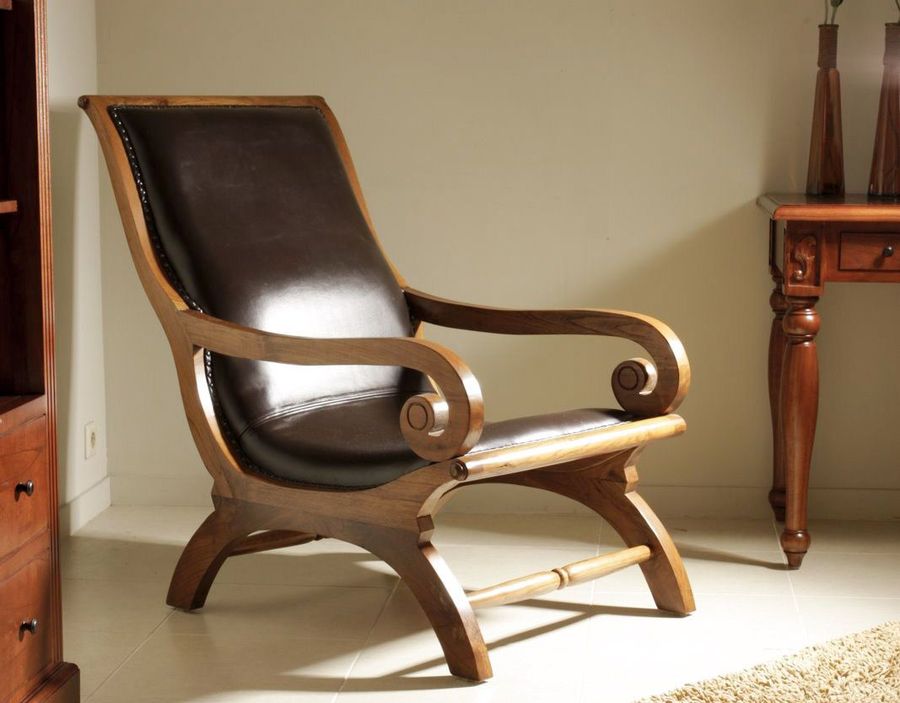 Regency lazy chair teak wood black leather upholstery