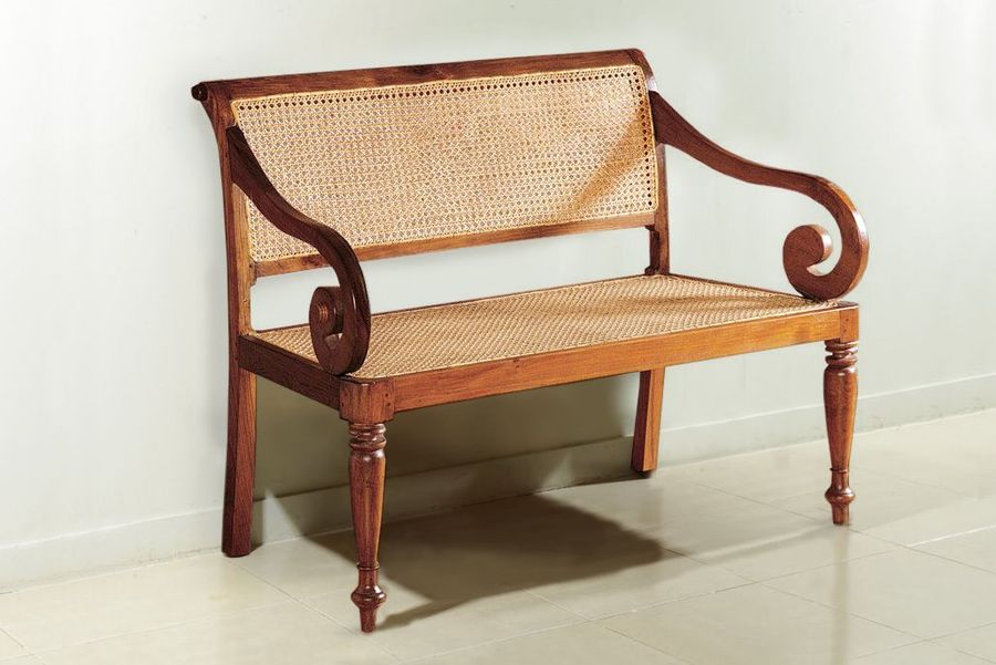 Regency bench teak wood frame rattan seat and backrest