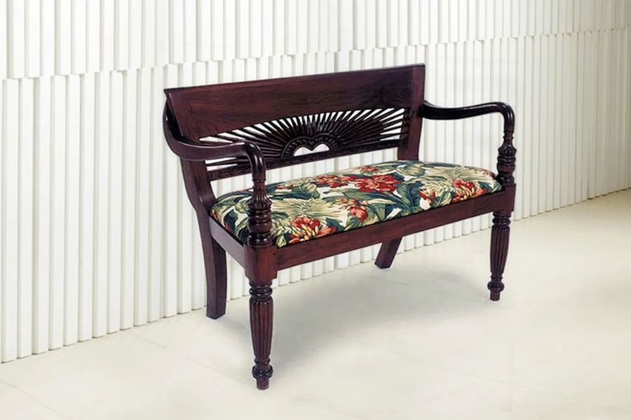 Teak wood sunrise carving bench upholstered seat