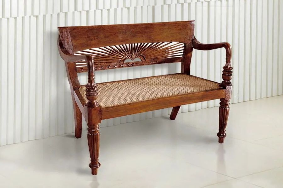 Teak rattan sunrise carving bench