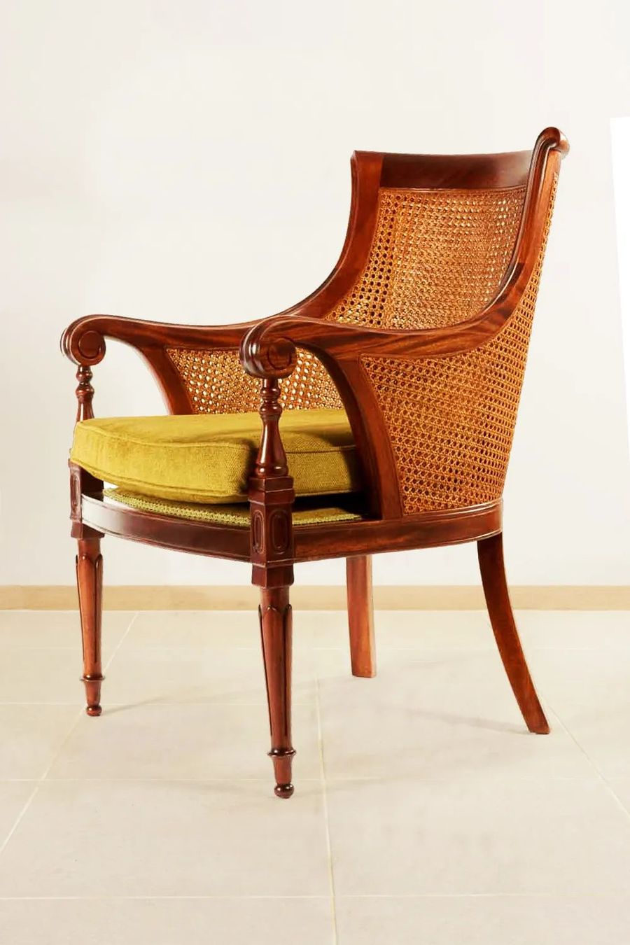 Dutch cane tub chair yellow velvet cushion fabric