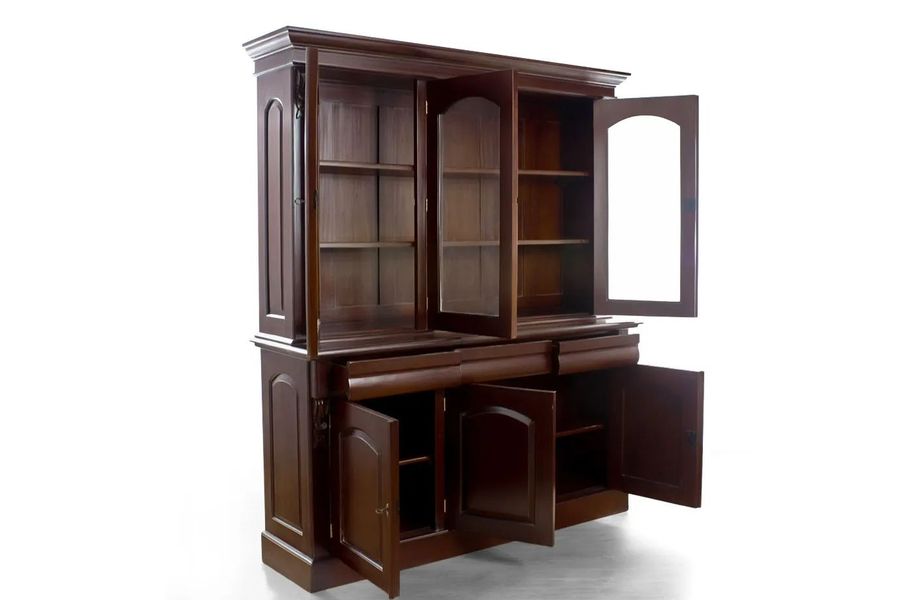 Sideboard wooden doors of Victorian bookcase opened