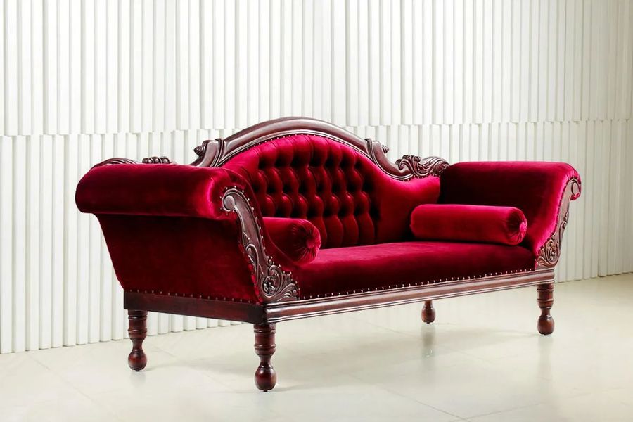 Colonial large sofa mahogany wood frames red velvet upholstery