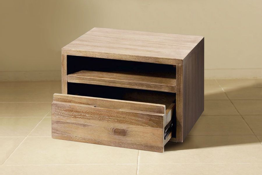 Reclaimed wood bedside drawer pulled out